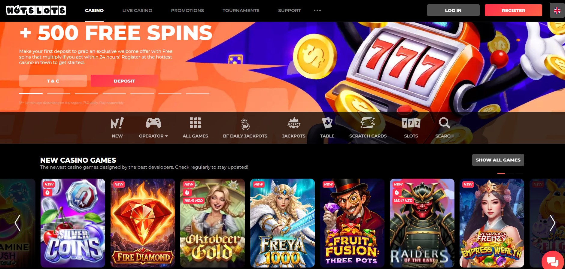 HotSlots online casino home page for New Zealand players