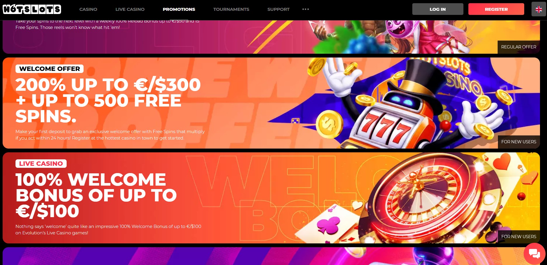 HotSlots promotions page showing a 200% up to 300 welcome offer and a separate 100% live casino welcome bonus, with no wagering requirement, expiry or excluded games stated