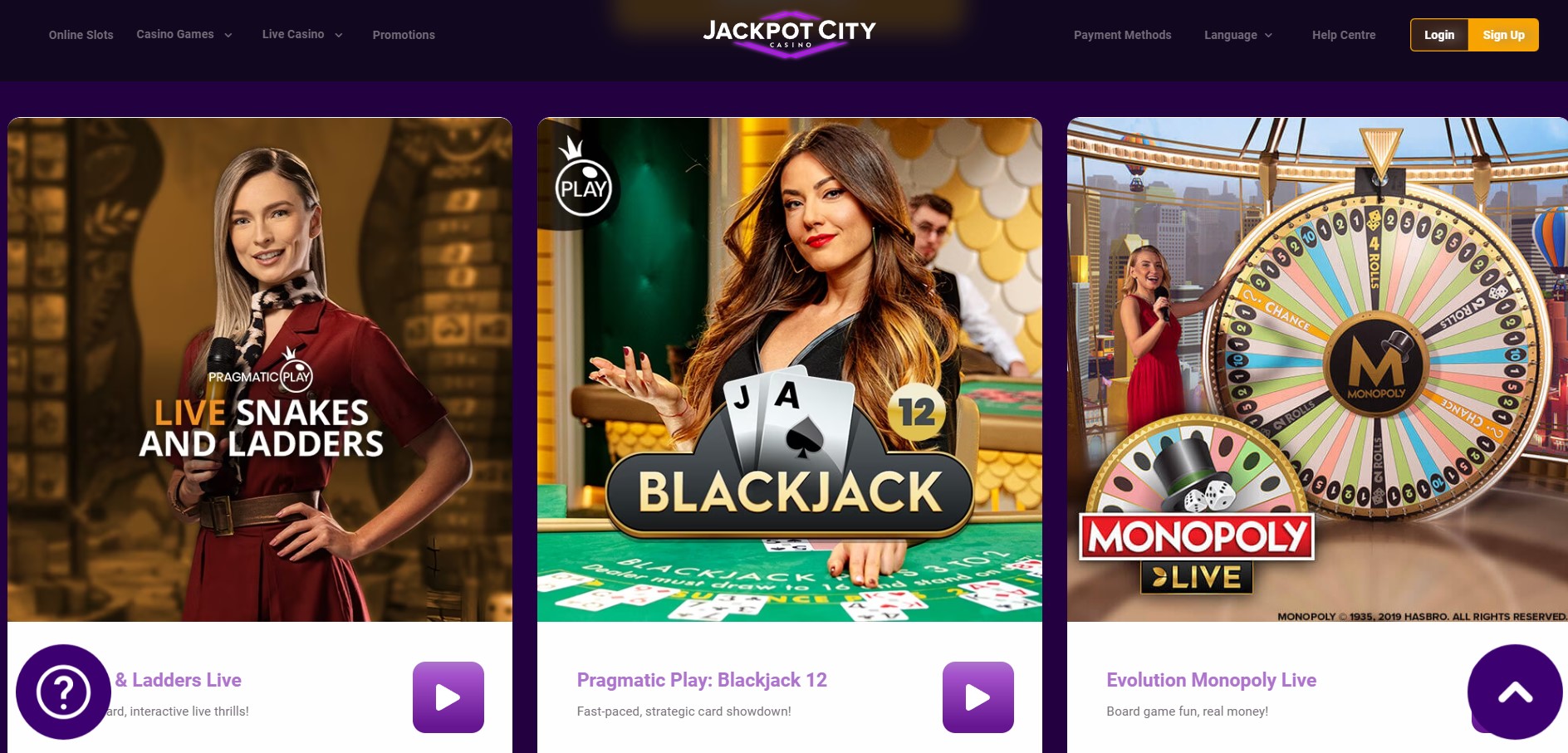 Jackpot City live casino lobby showing three game tiles