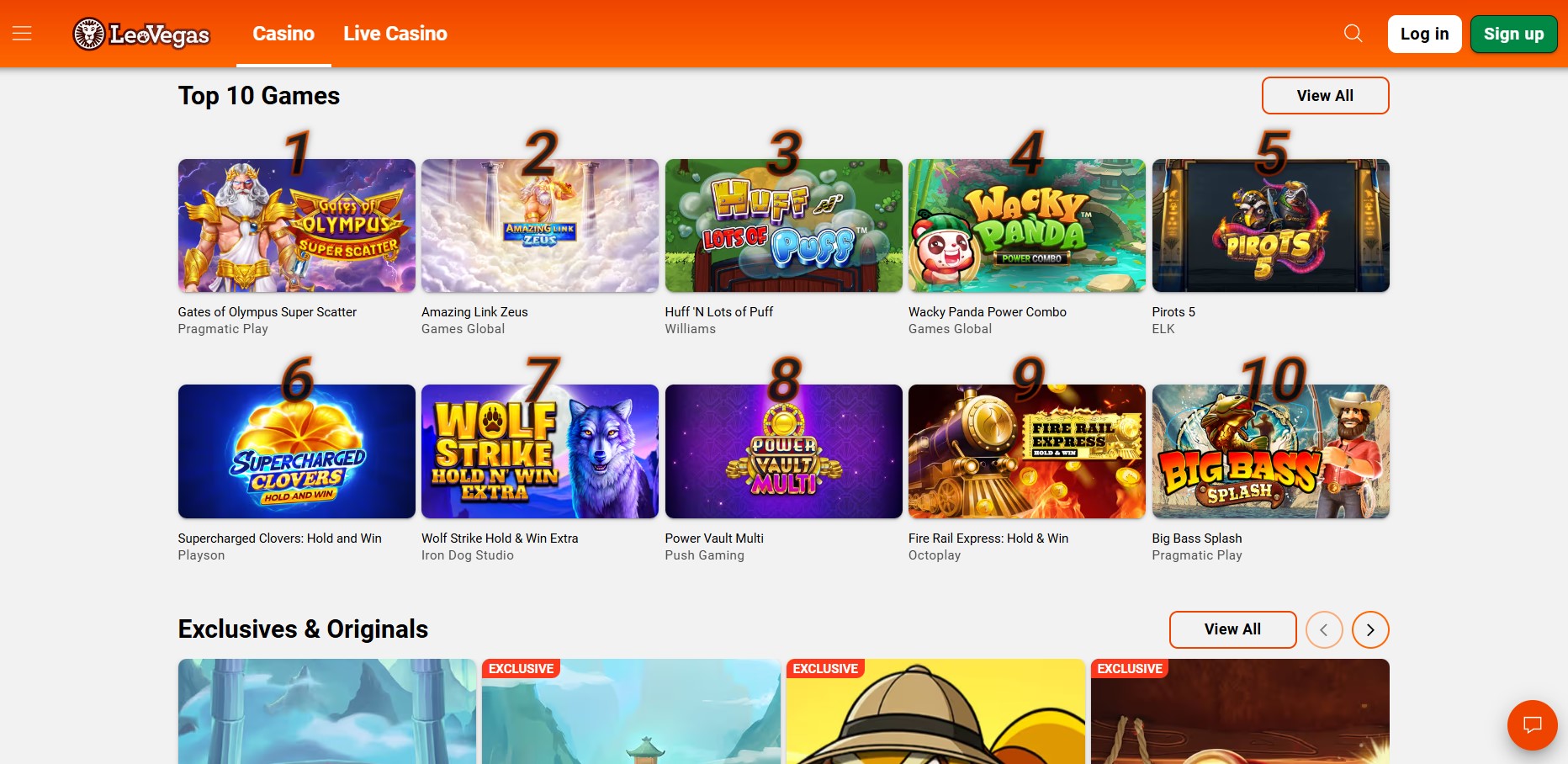 LeoVegas top ten games with the studio name under each title