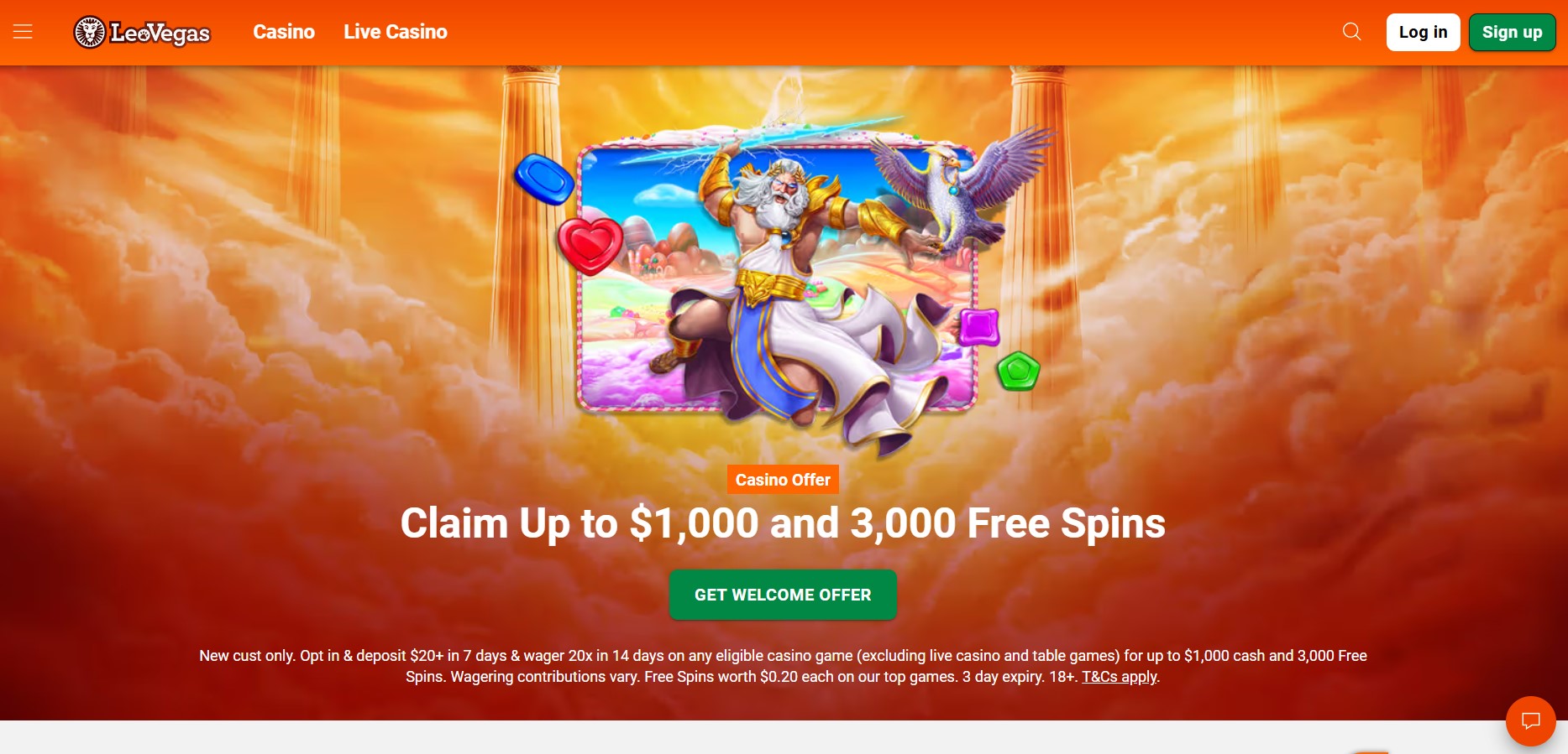 LeoVegas welcome offer banner stating free spins worth $0.20 each, with a 3 day expiry, 20x wagering in 14 days and live casino and table games excluded