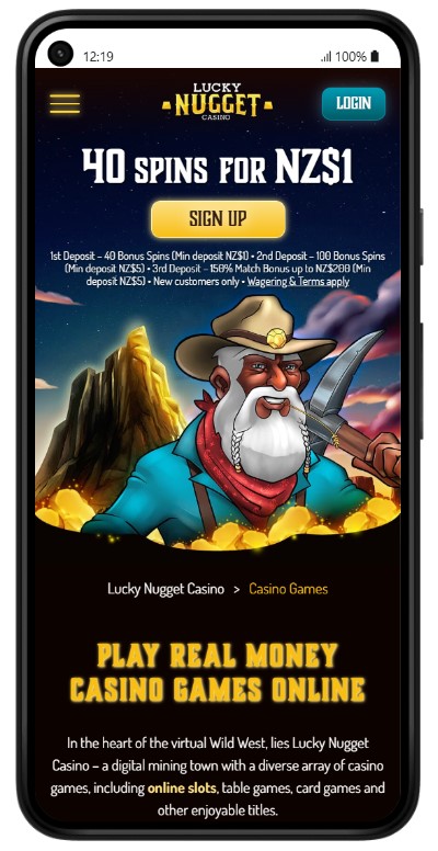 Lucky Nugget open in a mobile browser with a headline reading 40 spins for NZ$1 and small print listing three separate deposits with different minimums