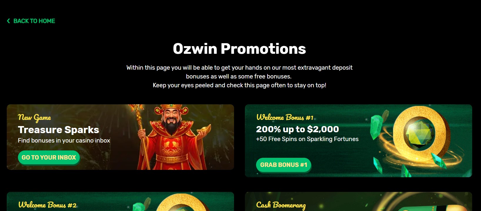 Ozwin promotions page showing Welcome Bonus number one, 200 percent up to $2,000 plus 50 free spins on Sparkling Fortunes, with a grab bonus button