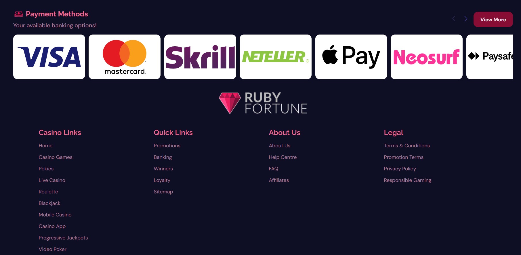 Ruby Fortune banking section showing a row of payment logos for Visa, Mastercard, Skrill, Neteller, Apple Pay, Neosurf and Paysafecard with no deposit or withdrawal information