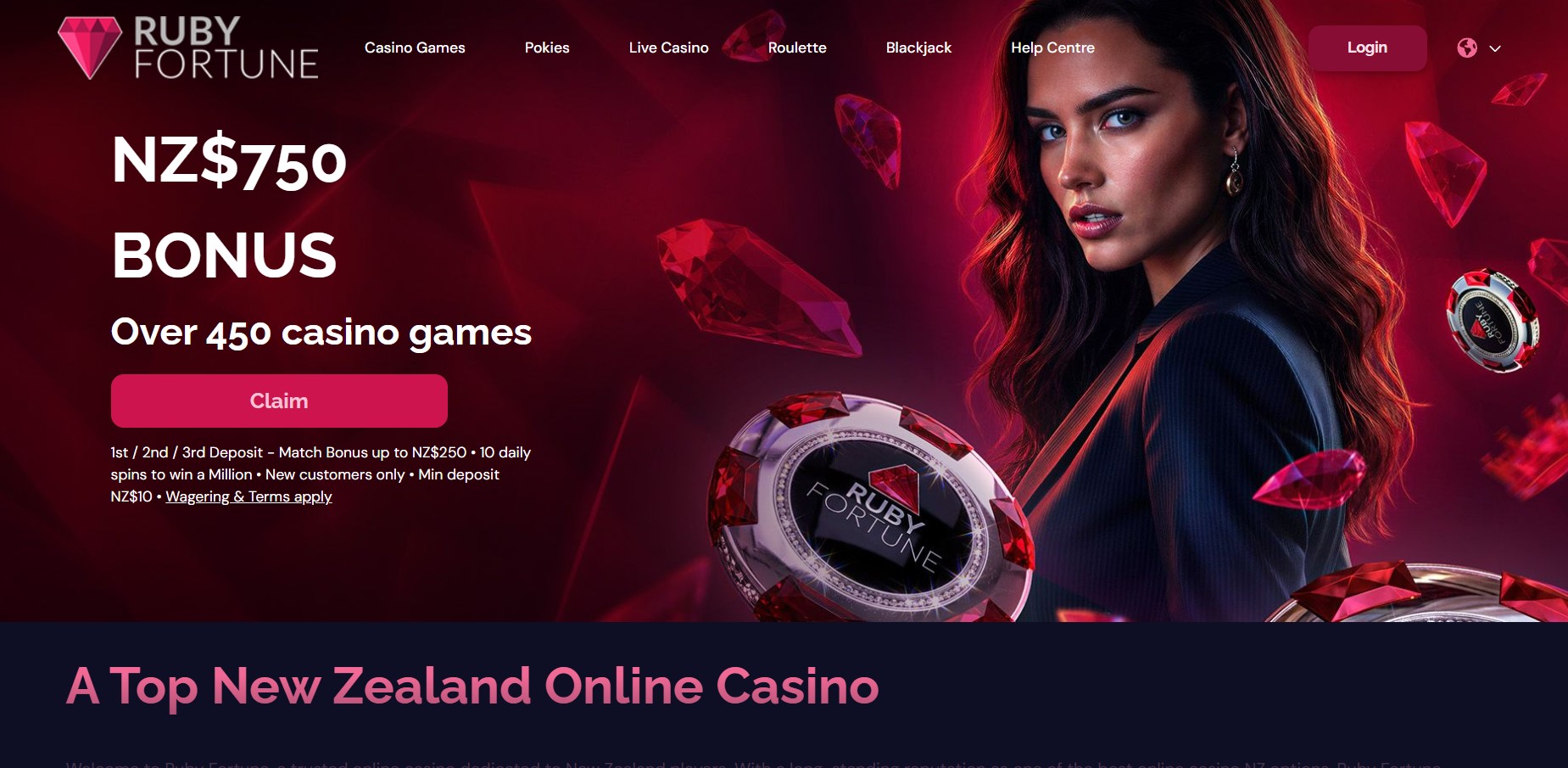Ruby Fortune New Zealand landing page small print reading first, second and third deposit, match bonus up to NZ$250, new customers only, minimum deposit NZ$10