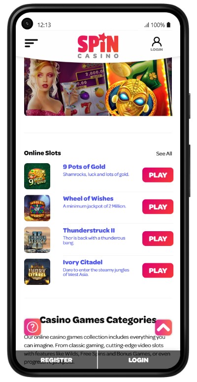 Spin Casino open in a mobile browser showing a games list with 9 Pots of Gold, Wheel of Wishes, Thunderstruck II and Ivory Citadel, each with a play button