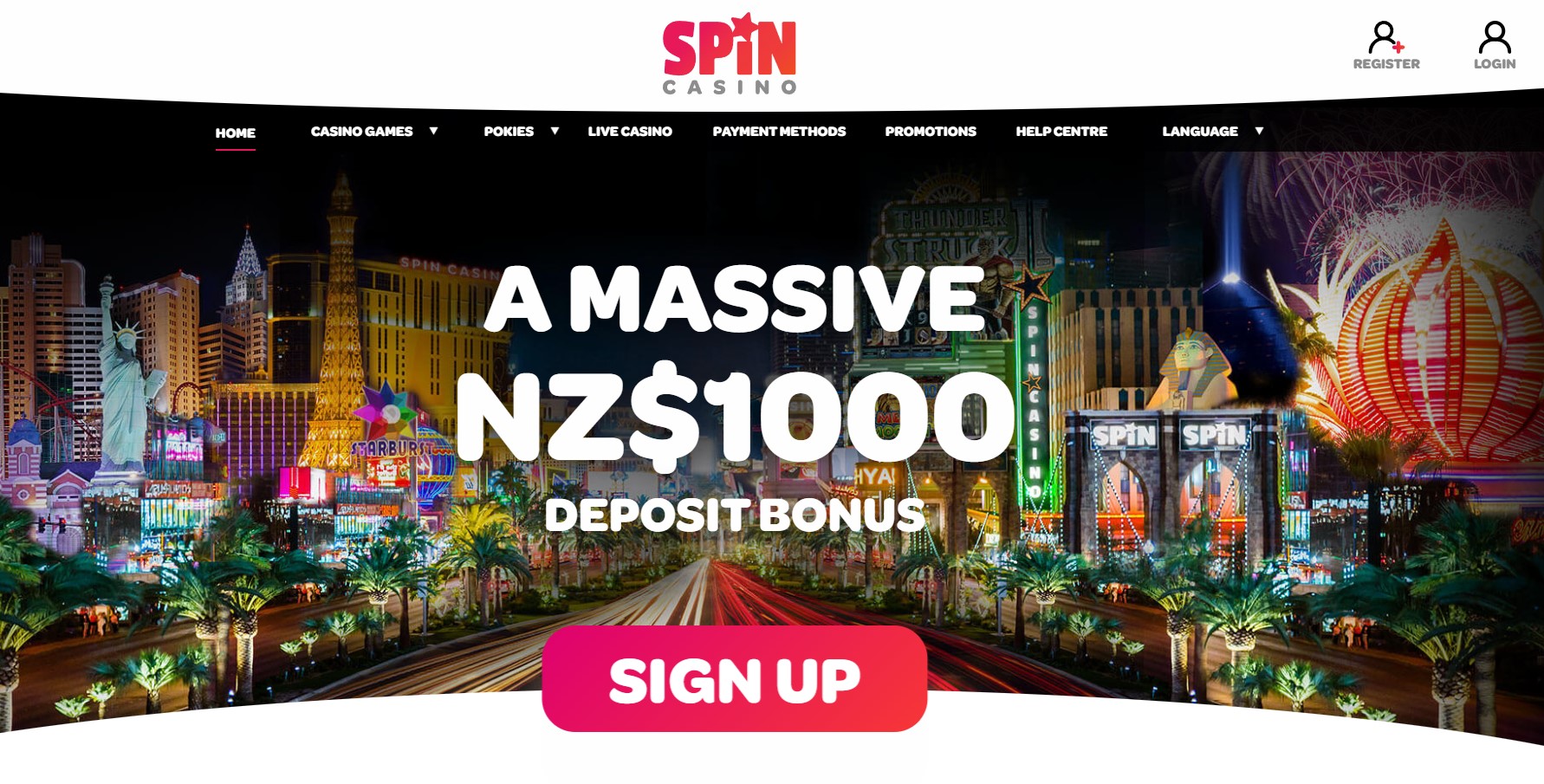 Spin Casino New Zealand landing page dominated by a NZ$1,000 deposit bonus headline and a sign up button, with no licensing or operator information visible above the fold